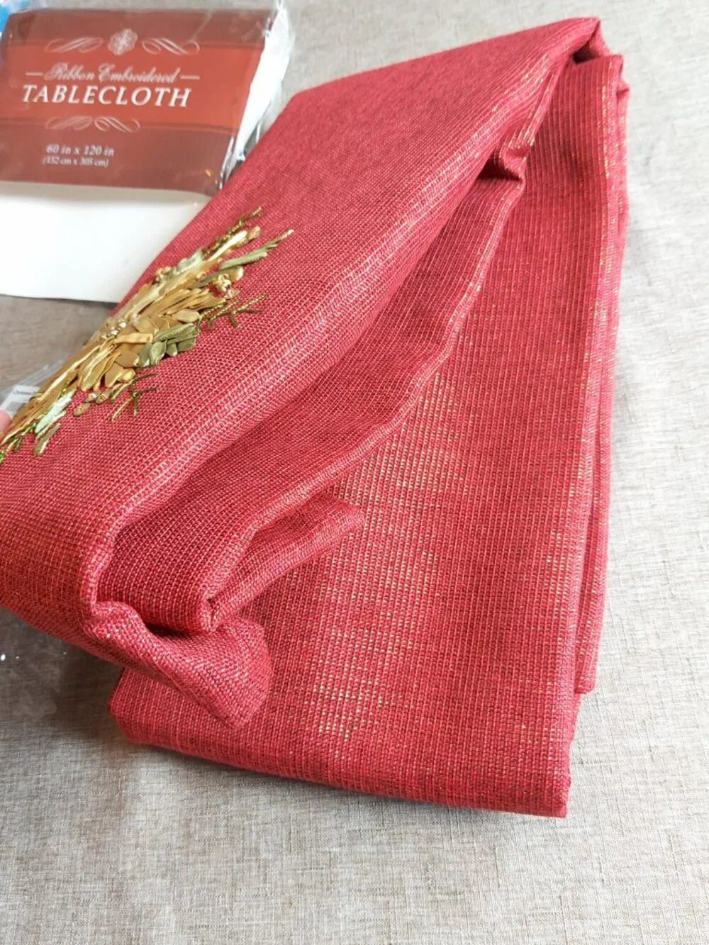 Embroidered Christmas Red Table Linen with Gold Ribbon Floral Accent, 60x120 In